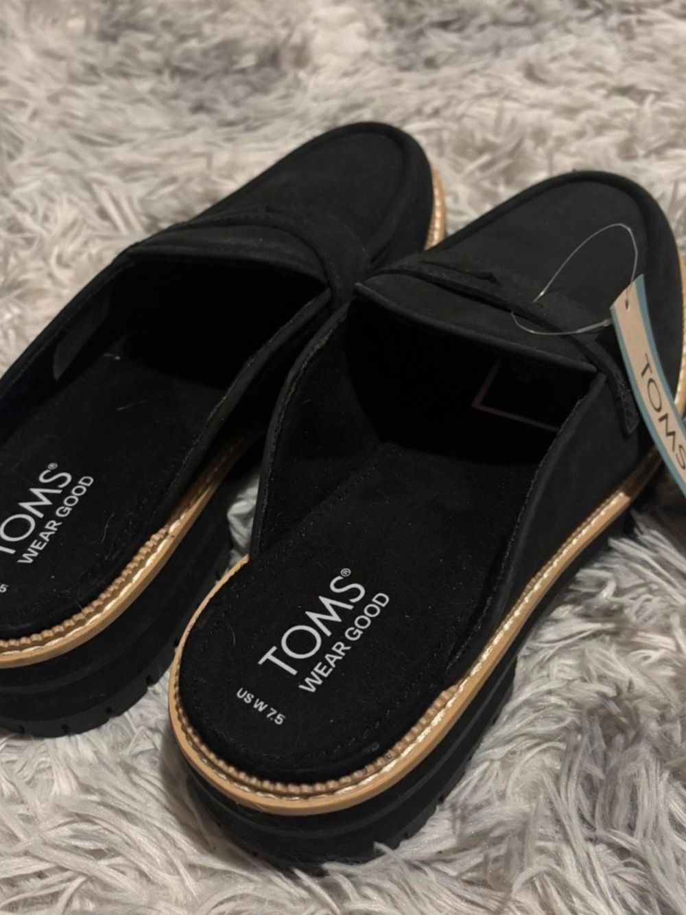 NWT TOMS Black Slip-On Penny Loafer Mule with Tan Trim - Picture 3 of 8